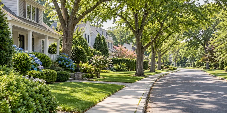 Leafy residential street and homes in Little Silver, New Jersey