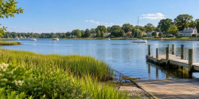 Sheltered bay and waterfront greenery in Oceanport, New Jersey
