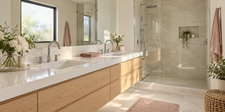 Clean double vanity and glass shower