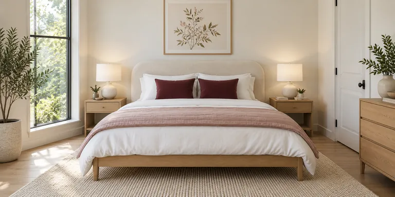 Neatly made guest bedroom with blush bedding