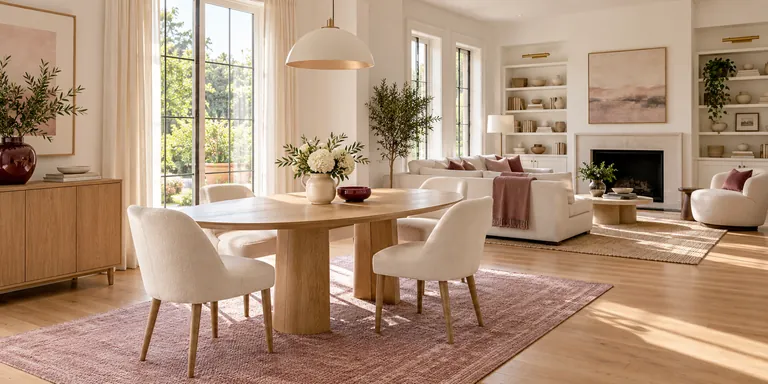 Clean dining and common area with pale oak furniture