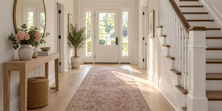 Tidy entry hall with pale oak floor and staircase