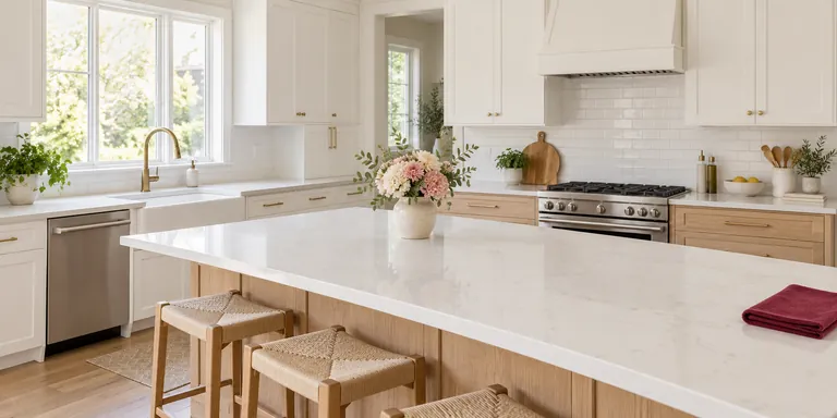 Clean white kitchen with pale quartz worktops