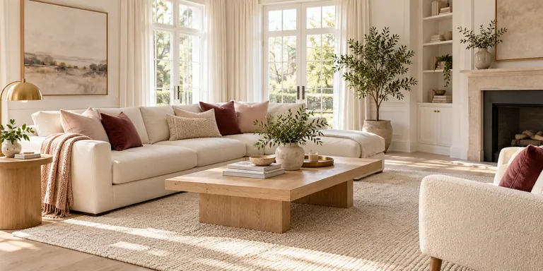 Fresh living room with cream sofa and rose accents